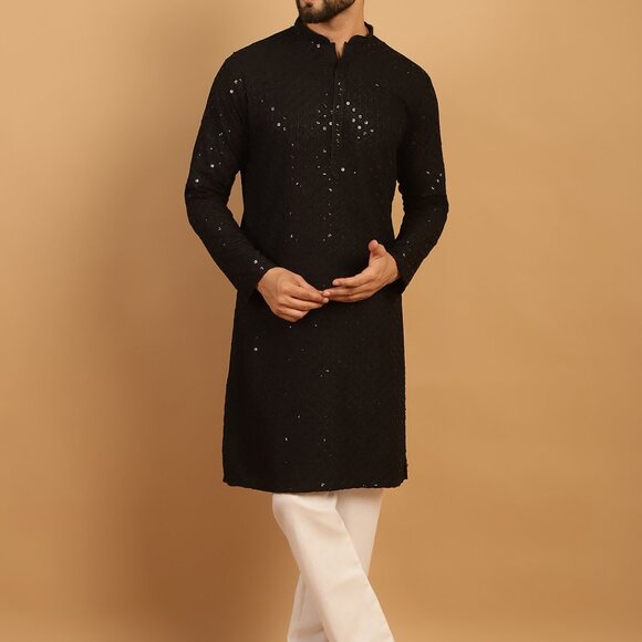 Men Chikankari Embroidered and Sequence Kurta with Aligarh Pyjama - Picture 6 of 9